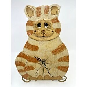 VTG Handmade Pottery Folk Art Tabby Cat Kitten Primitive Clock Rare